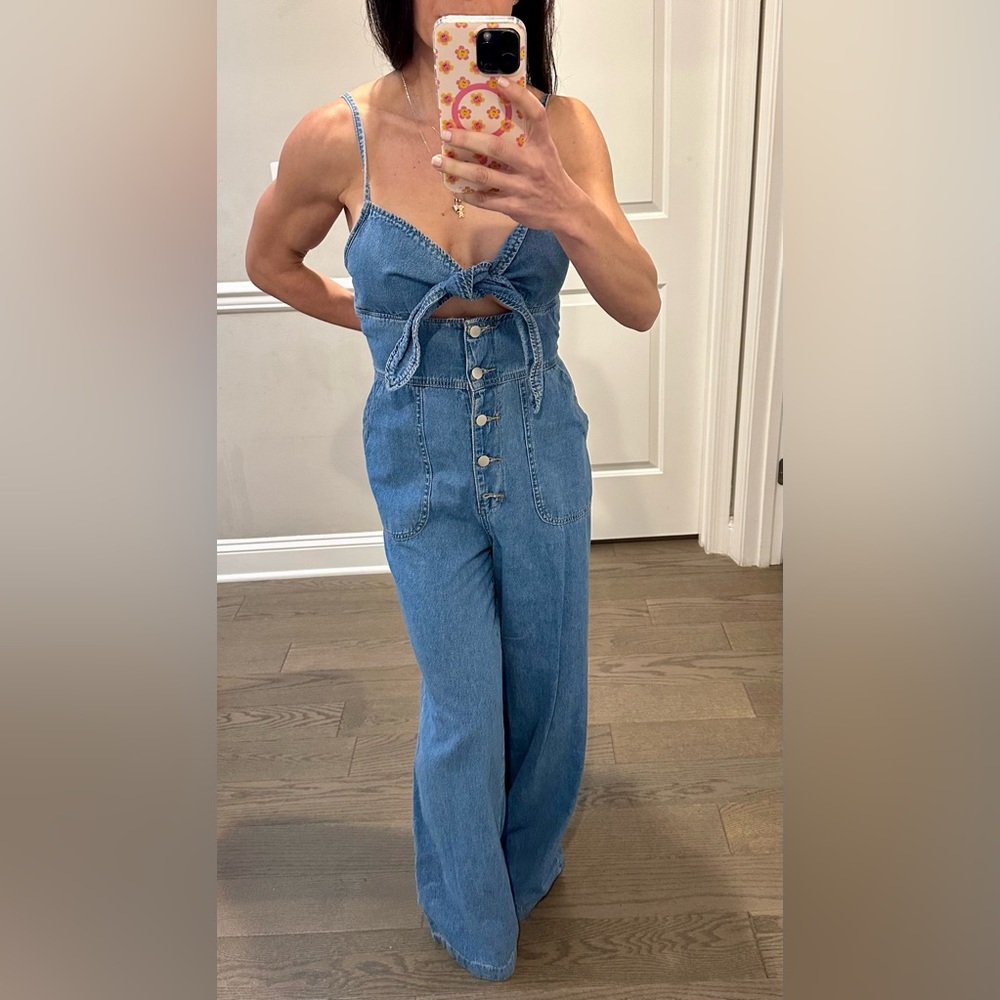 Jean peek a boo jumpsuit tie front